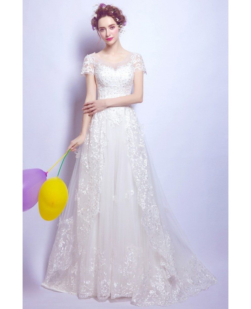 Gorgeous White Sleeve Lace Wedding Dress With Big Bow Back Wholesale  #T69495 - GemGrace.com