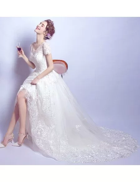 Gorgeous White Sleeve Lace Wedding Dress With Big Bow Back
