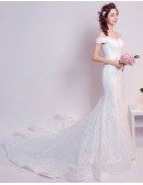 Inexpensive Elegant Off Shoulder Mermaid Lace Wedding Dress With Train