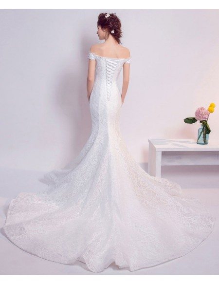 Inexpensive Elegant Off Shoulder Mermaid Lace Wedding Dress With Train