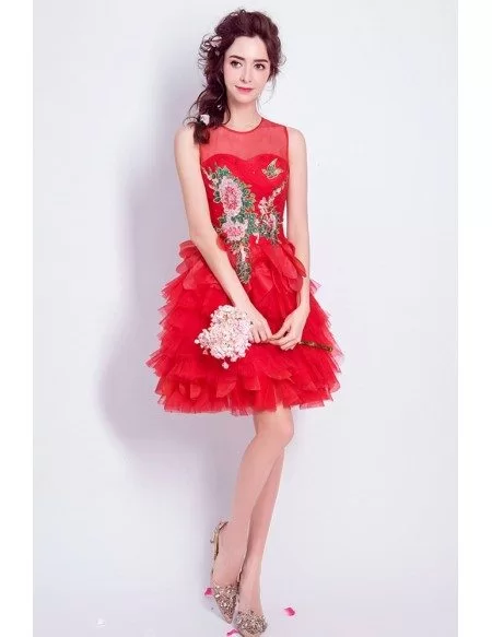 Vintage Tiers Red Homecoming Dress With Special Sequined Bodice