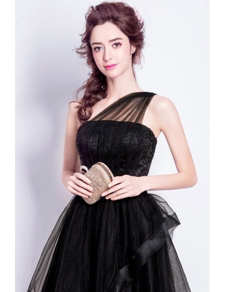 One Shoulder Black Short Tulle Prom Dress With Sequin Bodice