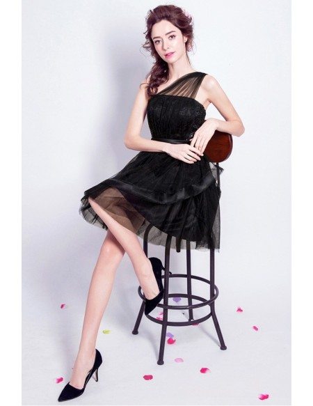 One Shoulder Black Short Tulle Prom Dress With Sequin Bodice