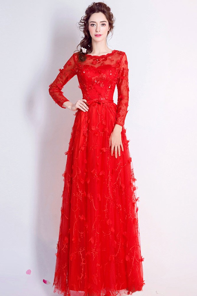 Special Lace Red Floral Formal Dress With Sleeves Wholesale #T69503 ...