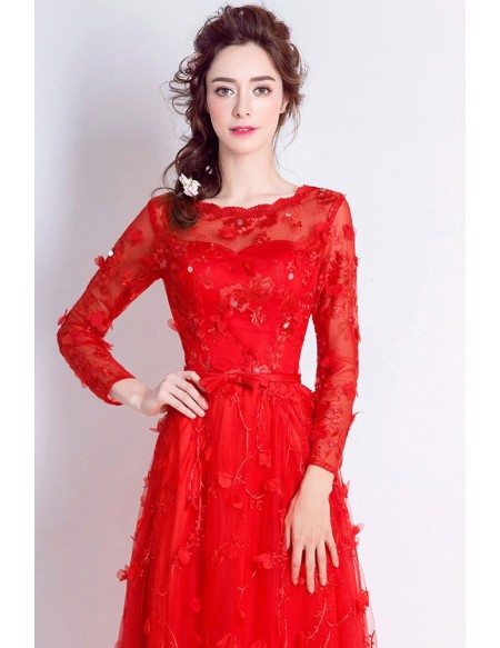 Special Lace Red Floral Formal Dress With Sleeves