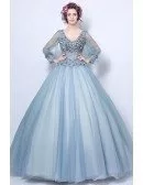 Affordable Ball Gown Blue Applique Prom Dress With V-neck Long Sleeves