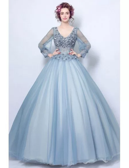 Affordable Ball Gown Blue Applique Prom Dress With V-neck Long Sleeves