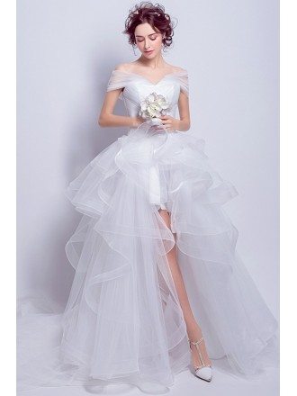 Simple Tulle High Low Wedding Dress With Off Shoulder Straps
