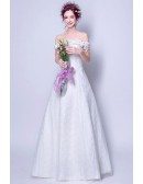 Informal Long White Lace Wedding Dress With Off Shoulder Beading Straps