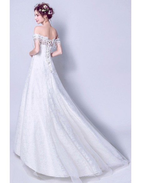 Informal Long White Lace Wedding Dress With Off Shoulder Beading Straps
