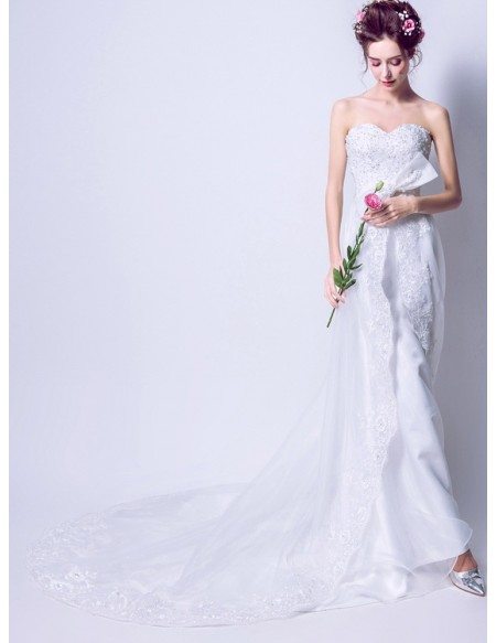 Strapless Long White Bow Bridal Dress With Lace Beading Train