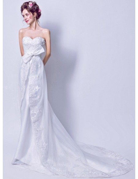 Strapless Long White Bow Bridal Dress With Lace Beading Train