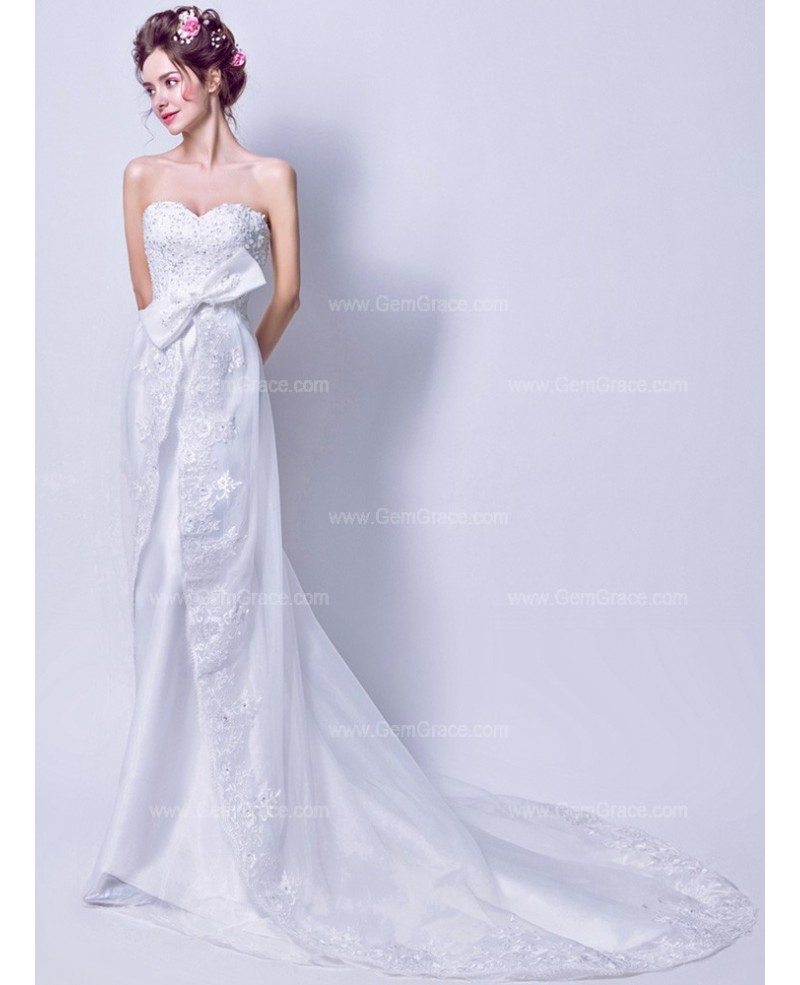 Strapless Long White Bow Bridal Dress With Lace Beading Train Wholesale ...