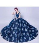 Unique Navy Blue V Neck Pageant Dress With Floral Print Ballroom Gown