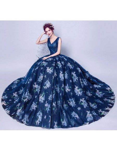 Unique Navy Blue V Neck Pageant Dress With Floral Print Ballroom Gown