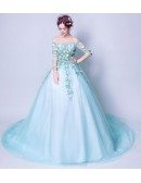 Applique Aqua Blue Formal Prom Dress Ballroom With Off Shoulder Sleeves