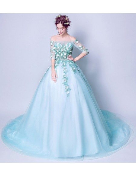 Applique Aqua Blue Formal Prom Dress Ballroom With Off Shoulder Sleeves ...