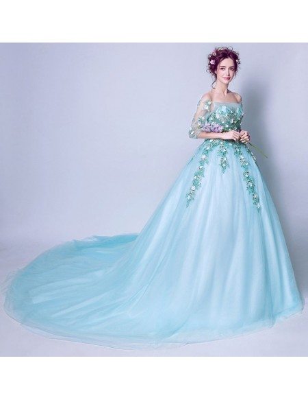Applique Aqua Blue Formal Prom Dress Ballroom With Off Shoulder Sleeves