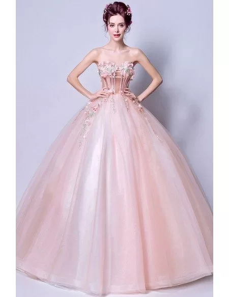 Strapless Pearl Pink Ballroom Floral Pageant Dress For Prom Girls