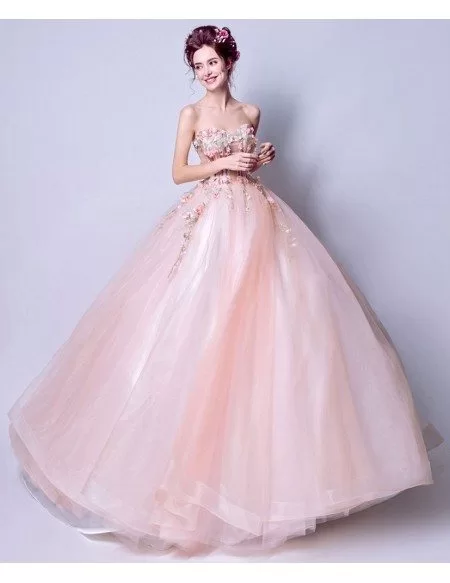 Strapless Pearl Pink Ballroom Floral Pageant Dress For Prom Girls ...
