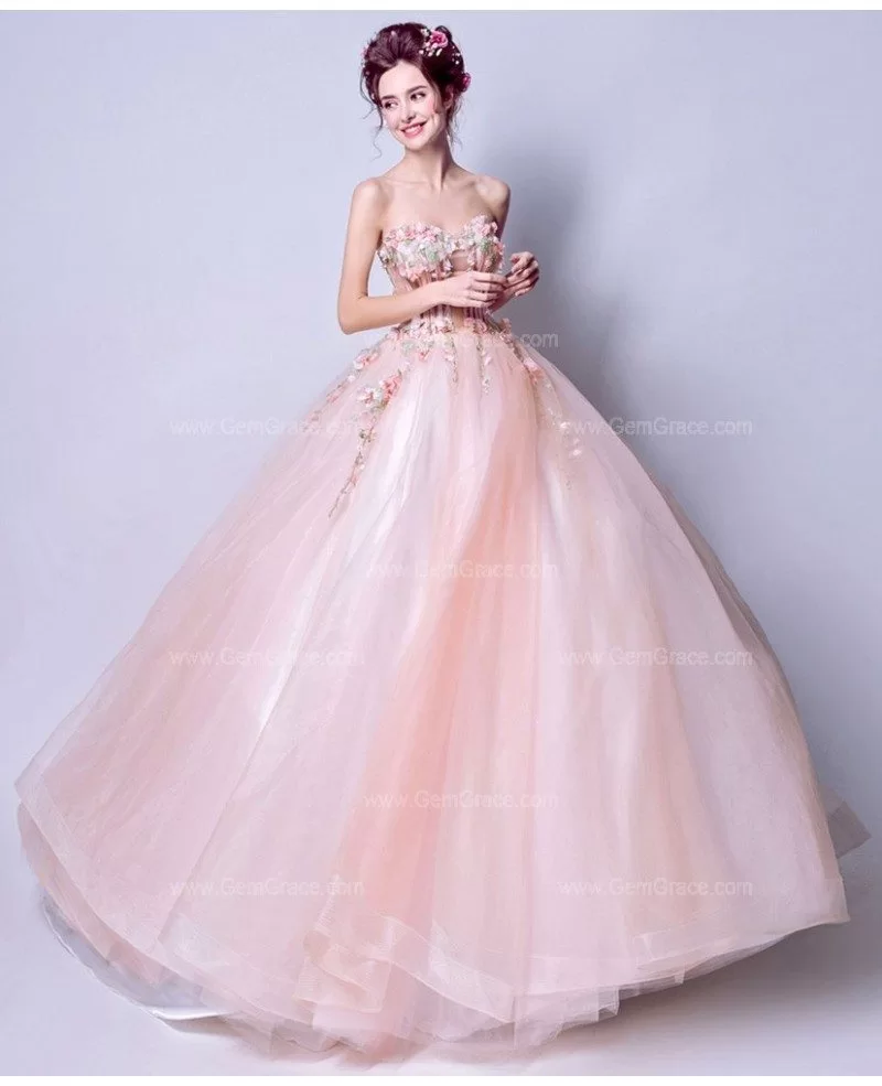 Strapless Pearl Pink Ballroom Floral Pageant Dress For Prom Girls ...