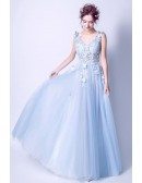 Elegant Light Blue V Neck Prom Dress Long With Butterfly Lace Beading