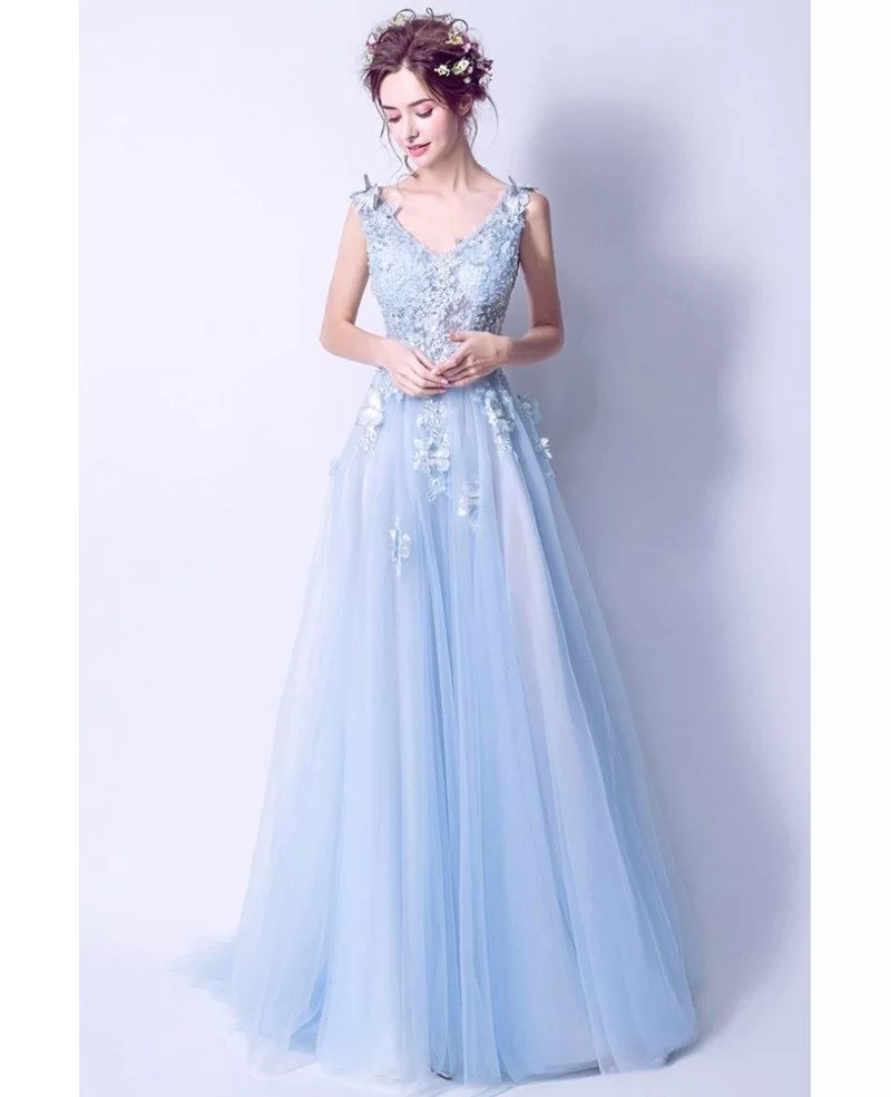 A Line V Neck Light Blue Lace Long Prom Dresses, Light Blue Floral For –  Shiny Party