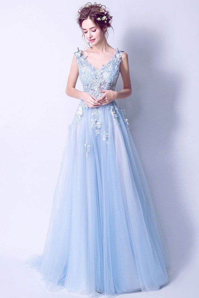 Elegant Light Blue V Neck Prom Dress Long With Butterfly Lace Beading ...