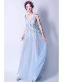 Elegant Light Blue V Neck Prom Dress Long With Butterfly Lace Beading
