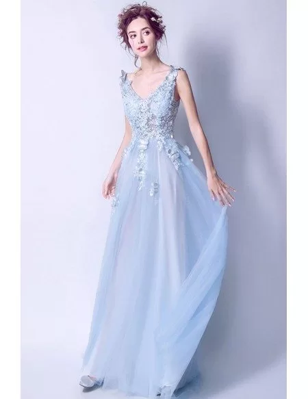 Elegant Light Blue V Neck Prom Dress Long With Butterfly Lace Beading ...