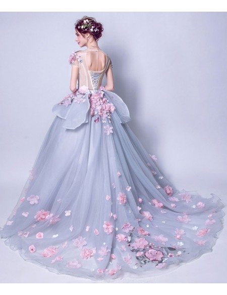 Unique Grey With Pink Floral Pageant Dress For Quinceanera