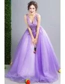 Classy Lavender Ball Gown Formal Prom Dress With Lace Beading V-neck
