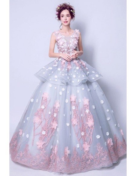 Fairy Grey With Pink Flower Quinceanera Prom Dress Ball Gown Wholesale  #T69432 