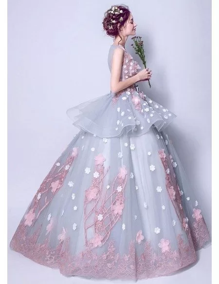 Fairy Grey With Pink Flower Quinceanera Prom Dress Ball Gown