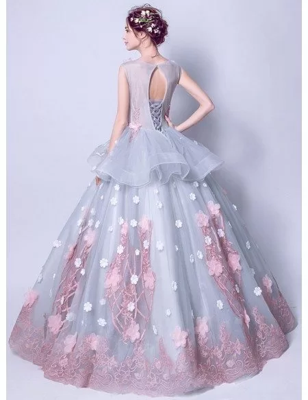 Fairy Grey With Pink Flower Quinceanera Prom Dress Ball Gown