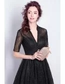 Vintage Black Lace Sleeved Formal Dress Long With Beading V Neck