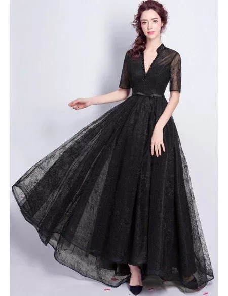 Vintage Black Lace Sleeved Formal Dress Long With Beading V Neck