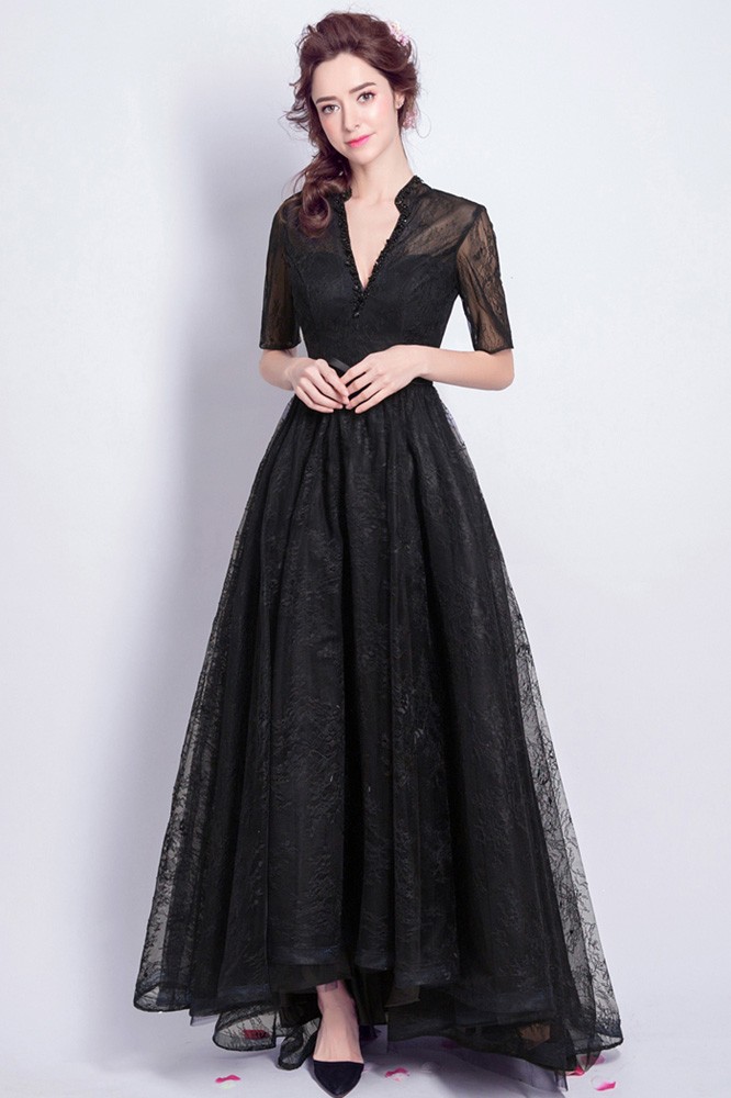 Vintage Black Lace Sleeved Formal Dress ...