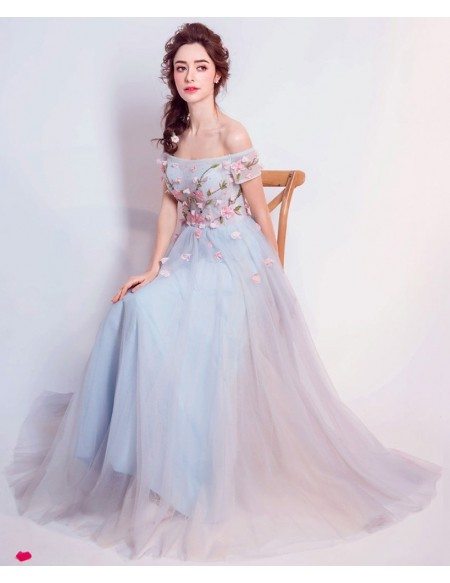 Beautiful Greyish Blue Prom Dress Long With Beaded Florals Wholesale #T69438 - GemGrace.com Beautiful Greyish Blue Prom Dress Long With Beaded Florals Wholesale #T69438 - GemGrace.com