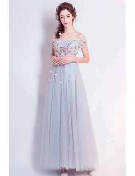 Beautiful Greyish Blue Prom Dress Long With Beaded Florals Wholesale #T69438 - GemGrace.com Beautiful Greyish Blue Prom Dress Long With Beaded Florals Wholesale #T69438 - GemGrace.com