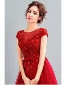 Modest Cap Sleeve Red Tulle Prom Dress Long With Lace Beading Top