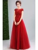 Modest Cap Sleeve Red Tulle Prom Dress Long With Lace Beading Top