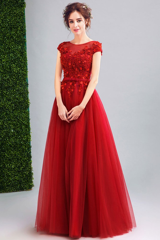 Modest Cap Sleeve Red Tulle Prom Dress Long With Lace Beading Top ...