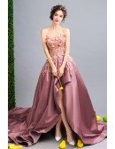Marvelous Rosy Pink Hi-lo Flower Formal Prom Dress With Long Train