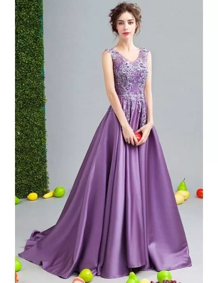 Backless Purple Satin Sweetheart Formal Dress With Beaded Floral Top