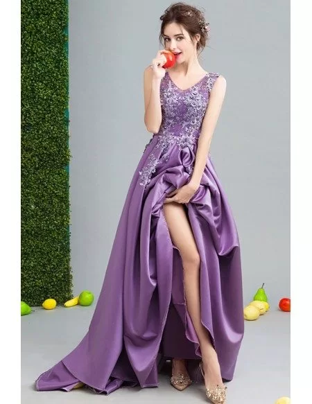 Backless Purple Satin Sweetheart Formal Dress With Beaded Floral Top