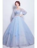 Cinderella Blue Ball Gown Prom Dress With Puff Sleeves For Quinceanera