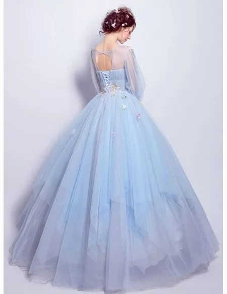 Cinderella Blue Ball Gown Prom Dress With Puff Sleeves For Quinceanera ...