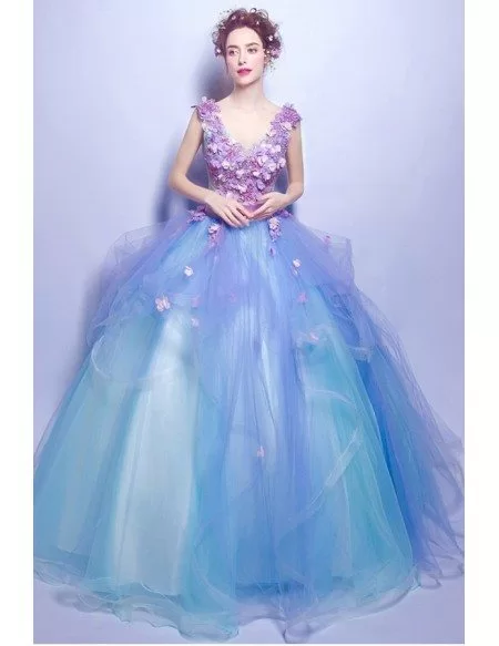Gorgeous Blue Ball Gown Pageant Prom Dress With Lilac Floral Beading ...