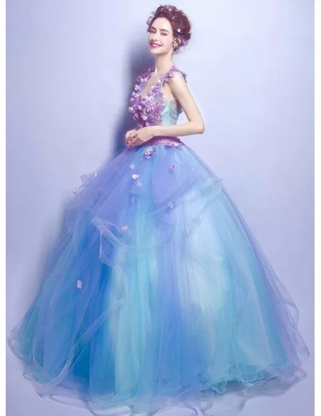Gorgeous Blue Ball Gown Pageant Prom Dress With Lilac Floral Beading